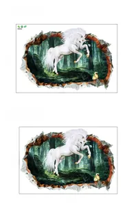 Detailed 3D forest unicorn wall sticker with layout and final application dimensions