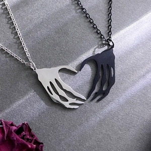 Couples skull hand heart pendant necklaces in black and silver stainless steel set