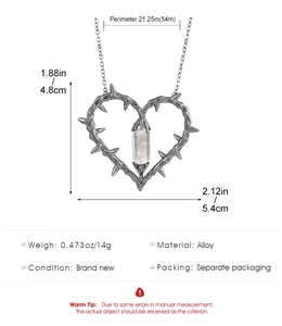 Detailed size specifications for the thorn heart pendant necklace with crystal