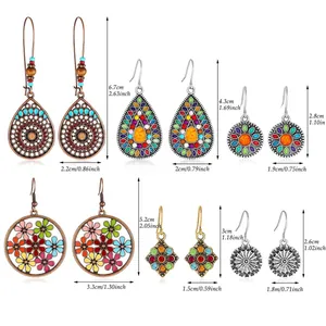 Detailed size chart for six styles of vintage bronze Bohemian engraved dangle earrings