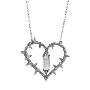 Gothic heart pendant necklace with thorns and clear crystal on a simple metal chain