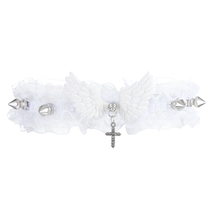 Detailed view of white gothic lace choker featuring angel wings and silver metal studs