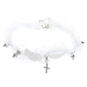 Detail of white gothic lace choker featuring angel wings, cross pendant and metal spikes