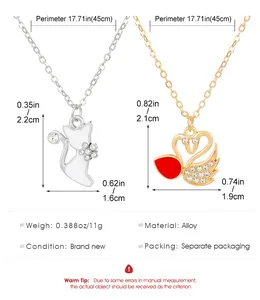 Detailed size chart for the cat and swan pendant necklace with alloy chain dimensions