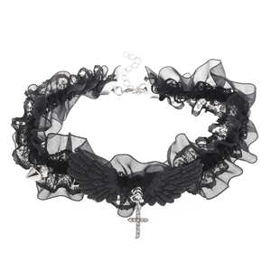 Gothic black lace choker featuring angel wings, silver cross pendant and punk metal rivets