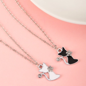 Detail of couple necklaces with black and white crystal cats on silver chain