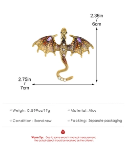 Detailed dragon brooch size chart showing 6x7cm dimensions and enamel wing texture