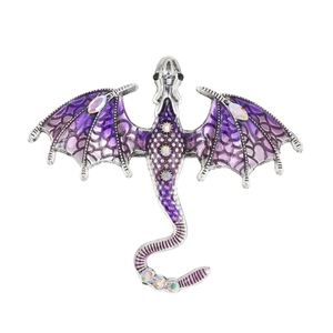 Vintage silver dragon brooch with purple enamel wings and sparkling rhinestones