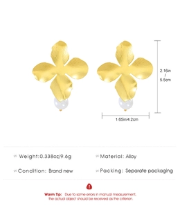 Detailed view of alloy gold flower earrings with white pearl and size dimensions