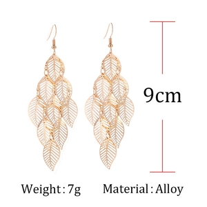 Detailed view of 9cm gold leaf drop earrings with precise dimensions and alloy material info
