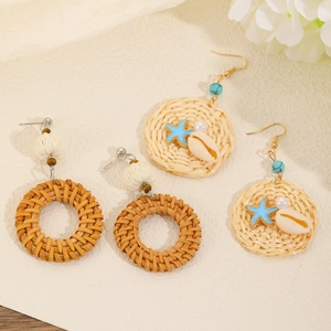 Pendientes Bohemios de Ratán Tejidos a Mano para Mujer Vacaciones en la Playa Concha Estrella de Mar Perla Artificial Joyería Estilo Étnico