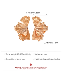 Detailed view of rose gold irregular petal earrings with measurements and dimensions