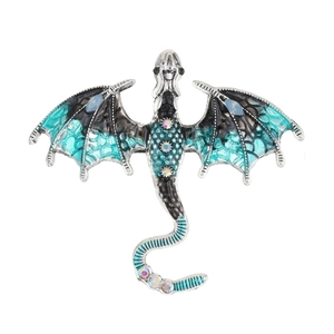 Retro dragon pendant brooch with green enamel wings and multicolored rhinestones