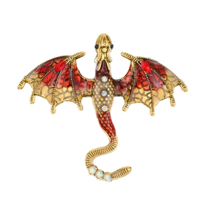 Vintage enamel dragon pendant with red wings and crystals on a gold base