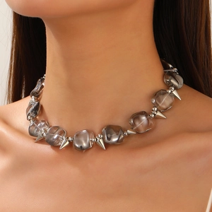 Dark punk Y2K choker with smoky grey resin beads and silver metallic spikes for women