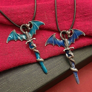 Gothic dragon and sword pendant necklaces with antique silver finish and woven cord
