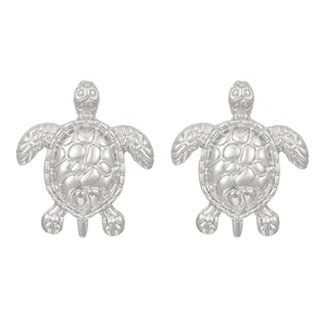 Minimalist silver sea turtle stud earrings with high-polished metal finish and detail