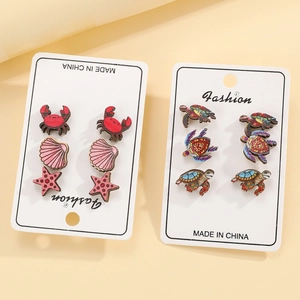 Bohemian Ocean Theme Wooden Stud Earrings Crab Starfish Sea Turtle Shell Printed Wooden Earring Post Jewelry For Women Beach Gift