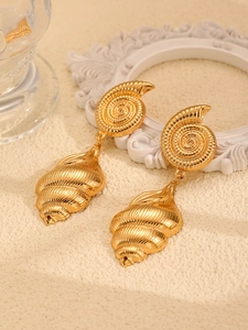 Detailed view of gold spiral conch and textured seashell drop earrings for women