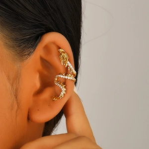 Exquisite golden dragon ear cuff for women with sparkling rhinestones in a wrap-around style
