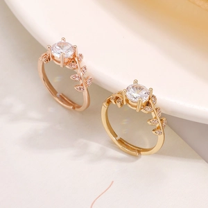 Moissanite laurel leaf adjustable ring in gold and rose gold finishes for women