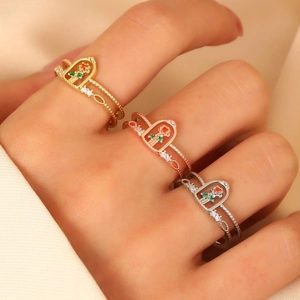 Elegant rose floral ring set in gold and silver finish with crystal micro-inlay details