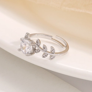 Elegant moissanite laurel leaf open ring with round clear zircon in silver finish