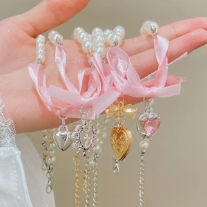 French romantic pink bow heart pendant pearl necklace with elegant satin ribbon detail
