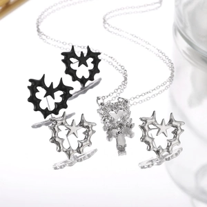 Punk heart jewelry set with thorn earrings and silver necklace featuring opal drop pendant