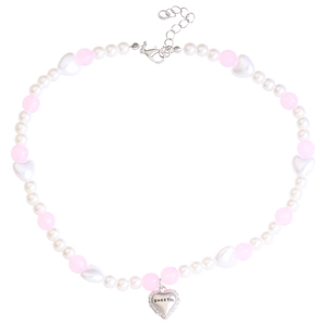 Detail of beaded necklace with a sweetie engraved heart pendant and pearl accents