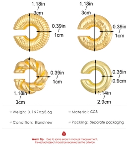 Detail showing four gold oval ear clips with threaded, hammered, twisted, and smooth textures