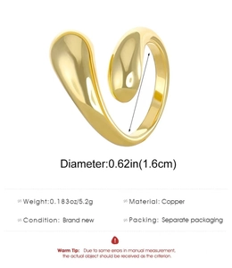 Detail view of a gold-colored brass teardrop open ring with 1.6cm diameter and 5.2g weight