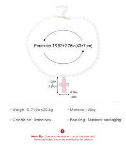 Detailed size specifications for Gothic pink cross pearl necklace showing measurements