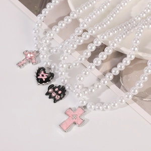 Y2K Goth pearl necklace set with pink cross and black cat heart charms for girls