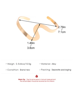 Detailed size specifications for a gold S-shaped wave textured open cuff bracelet