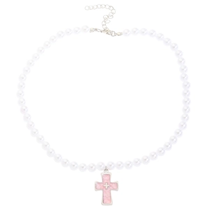 Y2K aesthetic pearl necklace with a pink stone cross pendant and adjustable silver chain