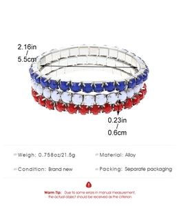 Detailed view of triple-layered USA flag bracelet with dimensions and alloy material info