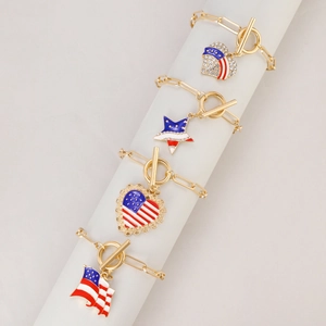 Golden American flag charm bracelets with heart and star enamel pendants for Independence Day