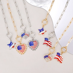 American flag charm bracelet with heart and star pendants on paperclip chain