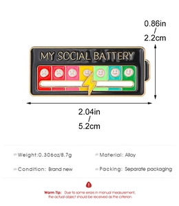 Detailed view of alloy social battery brooch with size dimensions and weight info