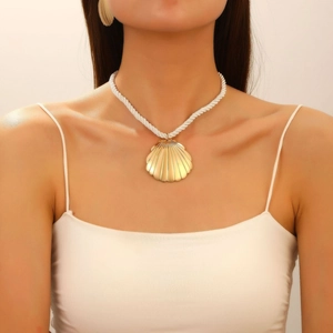Golden oversized seashell pendant necklace and earrings set with white cord