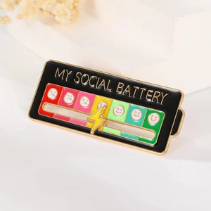 Creative social battery enamel pin with sliding indicator and emoji battery levels
