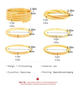 Size chart showing dimensions for six gold-colored multilayer elastic metal bracelets in iron