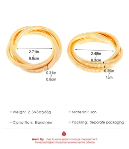 Macro view of gold multi-layered bangle showing spiral texture, iron material and sizing