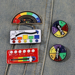 Detail showing social battery and mood enamel pins set on blue denim fabric