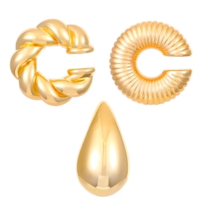 Minimalist gold plated oval hollow ear cuff set featuring twisted and ribbed textures