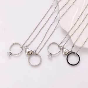 Romantic minimalist magnetic heart couple necklaces with ring pendants and zircons