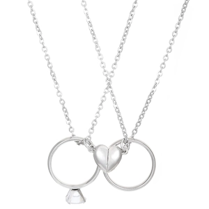 Romantic magnetic heart couple necklace with silver ring pendants and square zircons