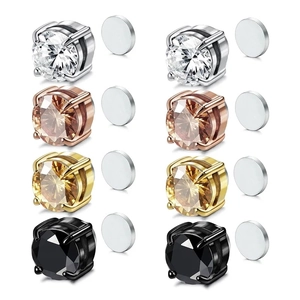 Set of 4 pairs of magnetic clip-on stud earrings with zircon stones in various metallic colors