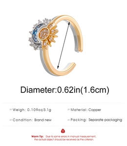 Detail specifications of sun moon open ring showing size 1.6cm weight 3.1g copper material